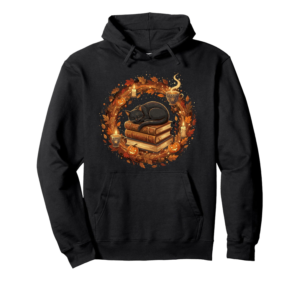 Cat Books Fall Leaves Reading Book Hoodie - Trendy Graphic for Adults - T-Shirt, Sweatshirt, Hoodie