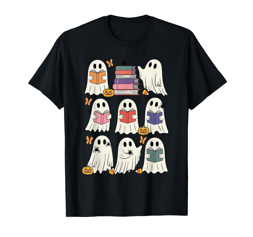 Ghosts Reading Books Candy And Pumpkins T-Shirt - Minimalist Print Unisex - T-Shirt, Sweatshirt, Hoodie