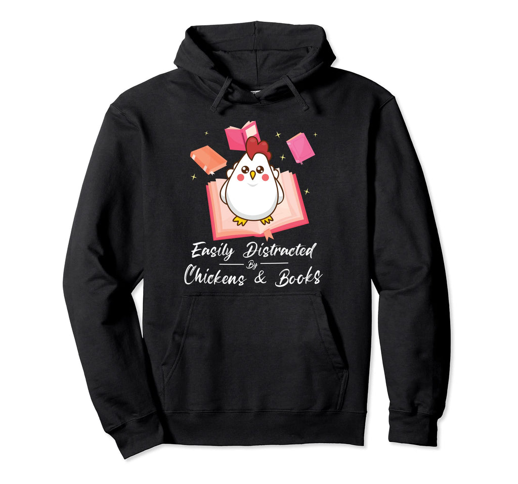 Easily Distracted Chickens And Books Hoodie - Minimalist Print for Adults - T-Shirt, Sweatshirt, Hoodie