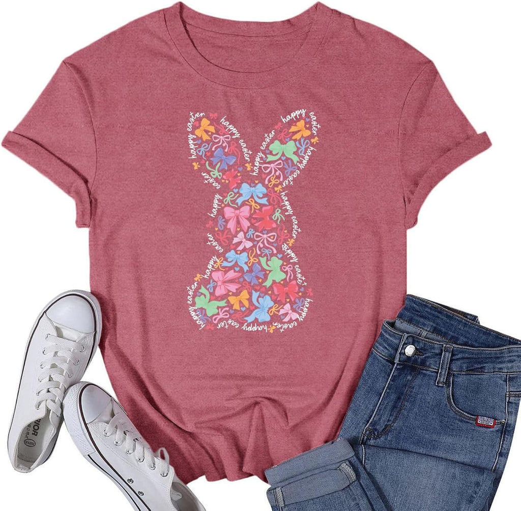 Women's Happy Easter Shirt Easter Day Bunny Bow T-Shirts Christian Rabbit Jesus Tee Tops Unisex T-shirt, Sweatshirt, Hoodie, Long Sleeve Tee - T-Shirt, Sweatshirt, Hoodie