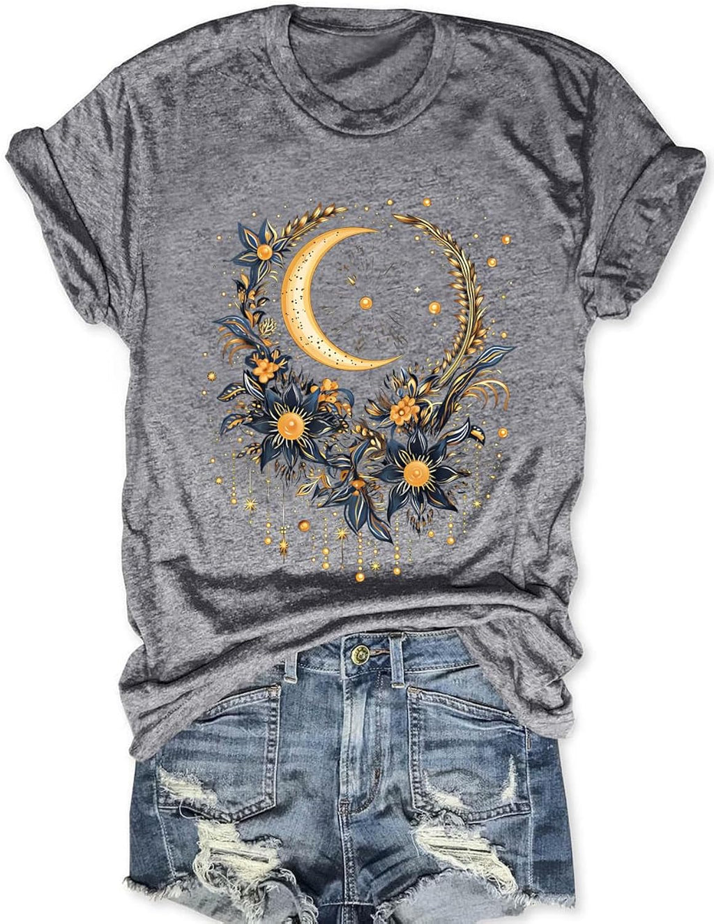Women Mystical Moon and Sun Flower Shirt Vintage Wildflower T Shirts Boho Graphic Tees Short Sleeve Celestial Moon Tops - T-Shirt, Sweatshirt, Hoodie