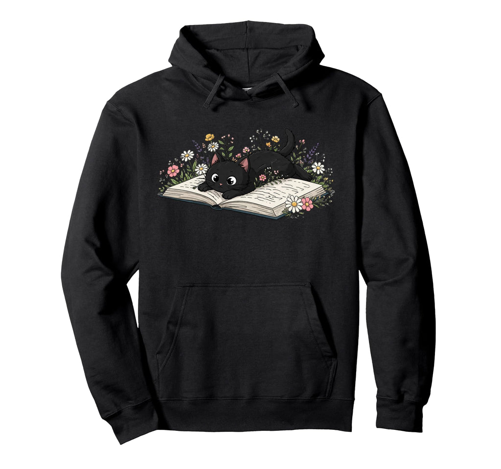 Black Cat Reading Book Lover Bibliophile Hoodie - Novelty Apparel Unisex - T-Shirt, Sweatshirt, Hoodie