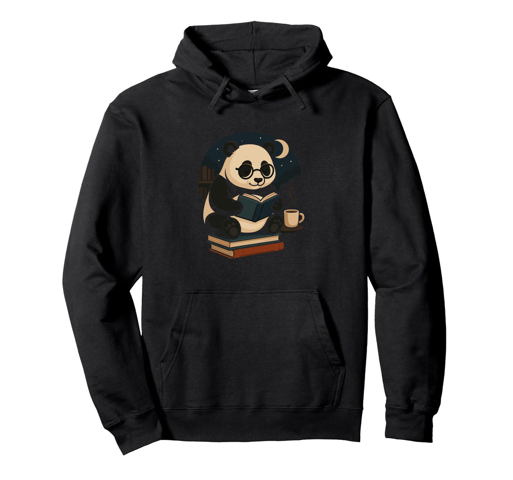 Panda Reading Book Under Moon Bookworm Hoodie - Minimalist Print Unisex - T-Shirt, Sweatshirt, Hoodie