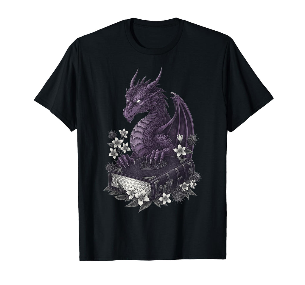 Dragon Reading Book Floral T-Shirt - Custom Art Print for Adults - T-Shirt, Sweatshirt, Hoodie