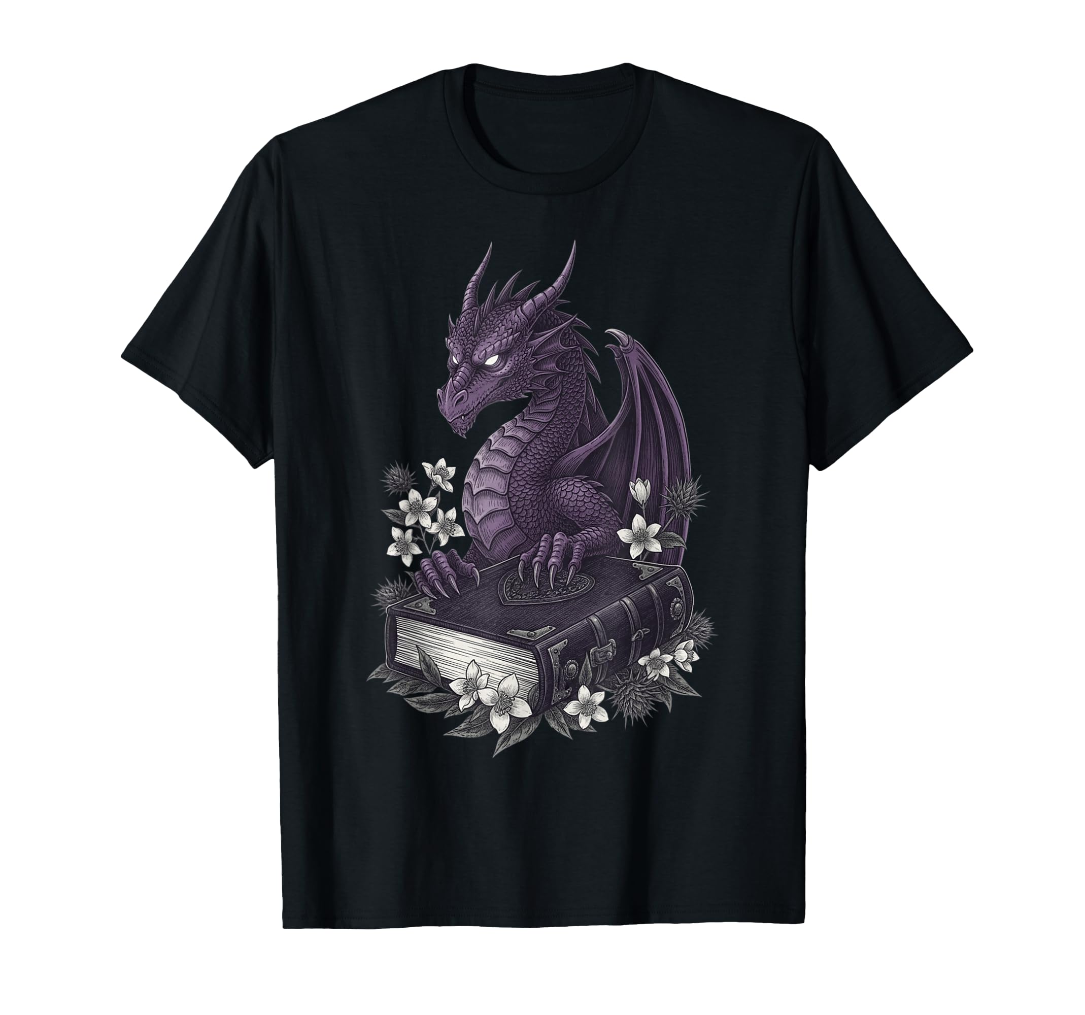 Dragon Reading Book Floral T-Shirt - Custom Art Print for Adults - T-Shirt, Sweatshirt, Hoodie