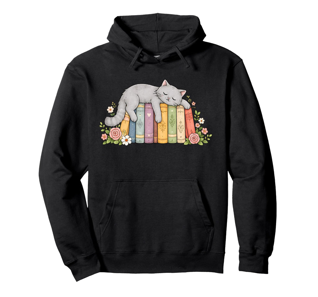 Cat Sleeping Books Book Lover Reading Hoodie - Aesthetic Graphic Unisex - T-Shirt, Sweatshirt, Hoodie
