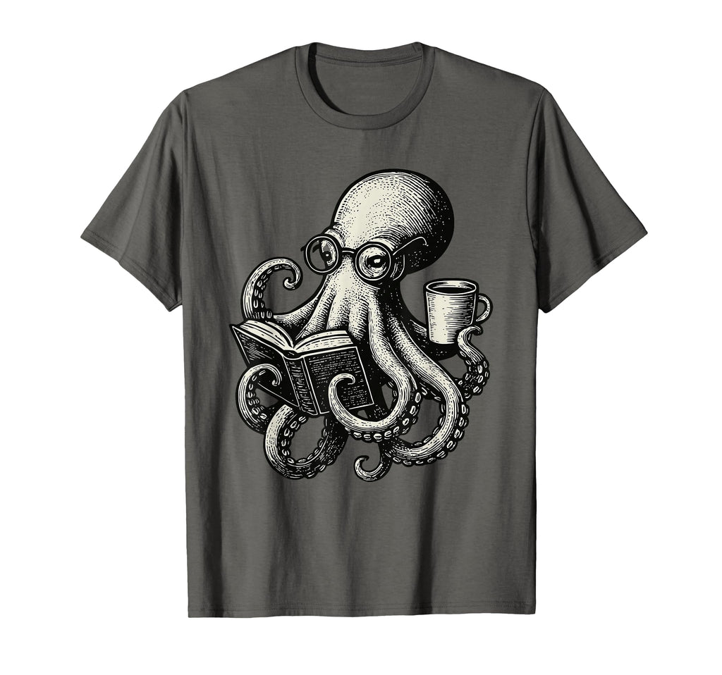 Octopus Reading Book Coffee Cephalopod T-Shirt - Novelty Apparel Unisex - T-Shirt, Sweatshirt, Hoodie