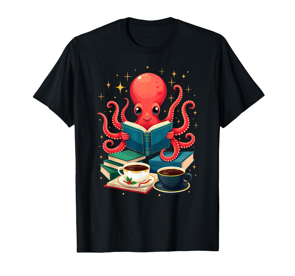 Octopus Reading Books Tea Coffee T-Shirt - Custom Art Print Unisex - T-Shirt, Sweatshirt, Hoodie