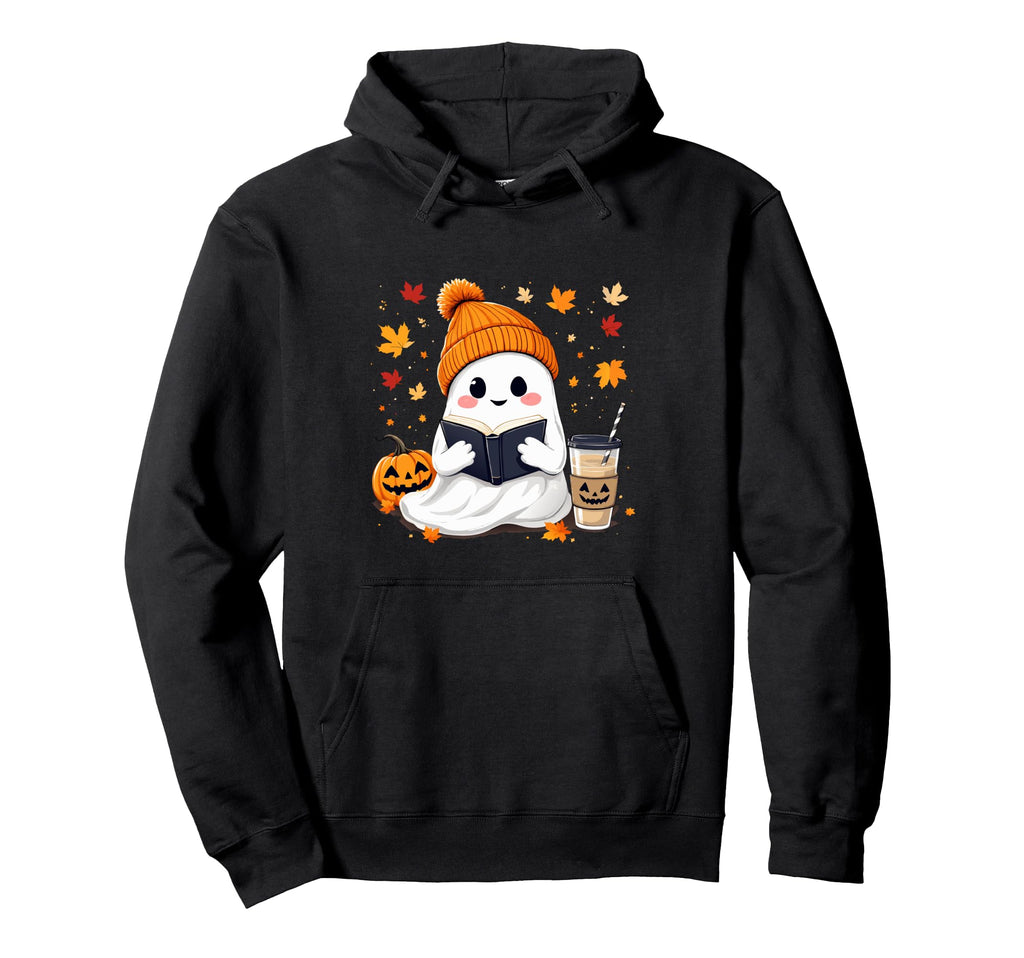 Ghost Reading Book Fall Leaves Hoodie - Minimalist Print Men Women - T-Shirt, Sweatshirt, Hoodie
