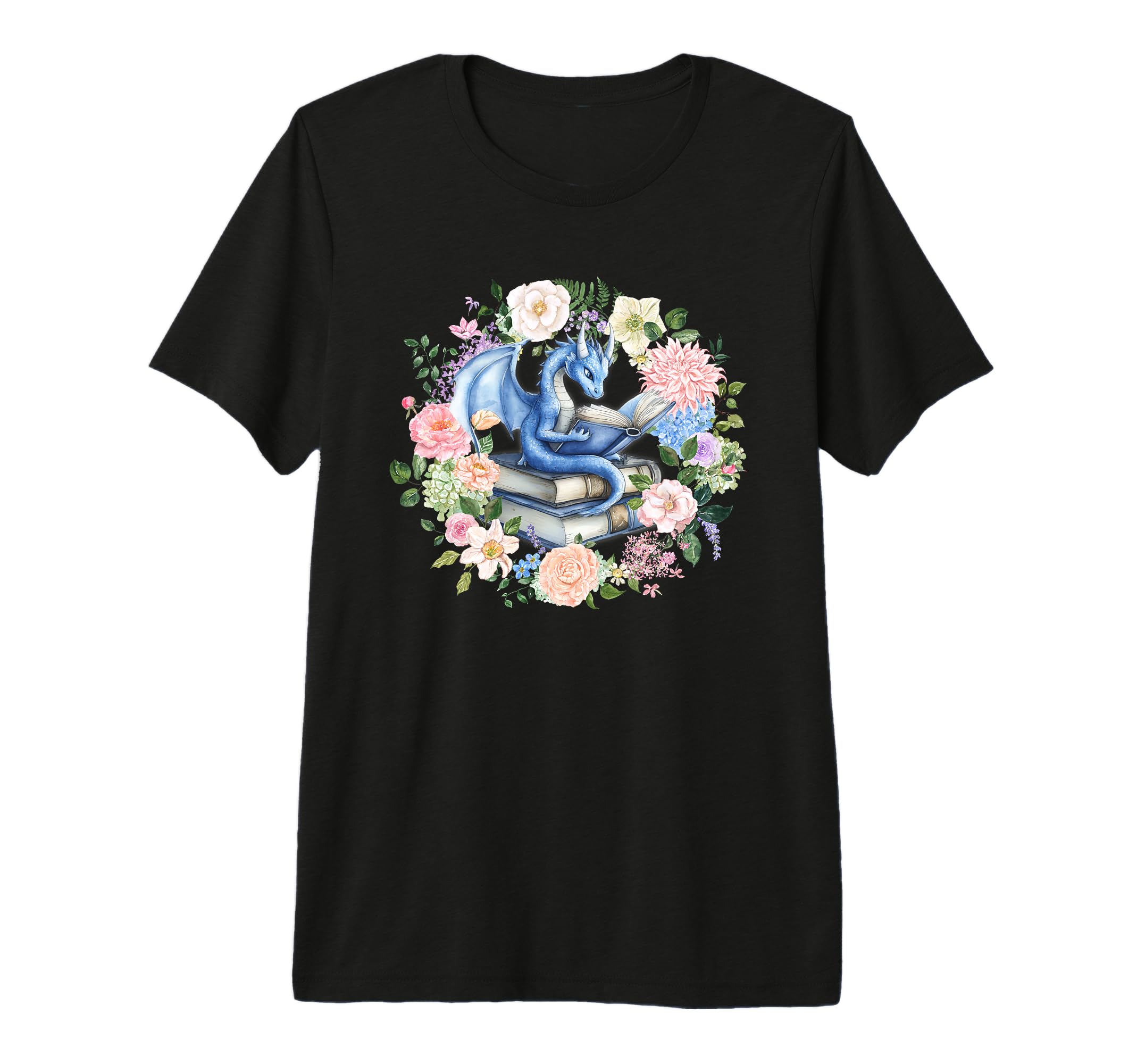 Dragon Reading Book Florals Fantasy T-Shirt - Fun Novelty Design Men Women - T-Shirt, Sweatshirt, Hoodie