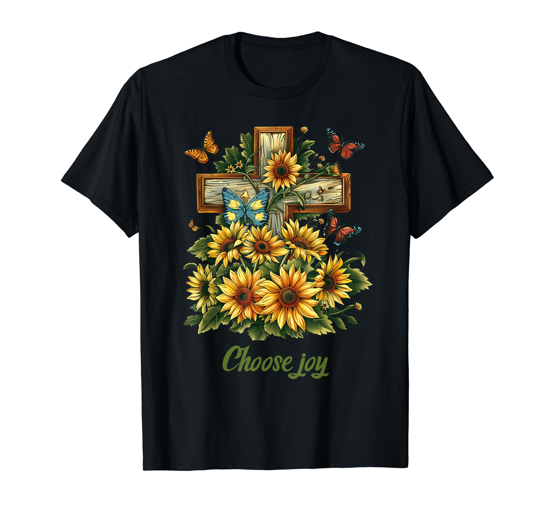 Cross Sunflowers Butterflies T-Shirt - Minimalist Print for Adults - T-Shirt, Sweatshirt, Hoodie