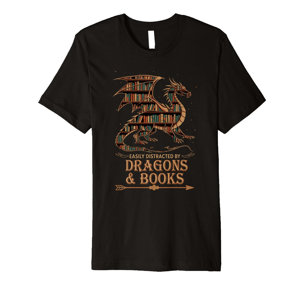 Easily Distracted Dragons And Books Library T-Shirt - Graphic Print Unisex - T-Shirt, Sweatshirt, Hoodie
