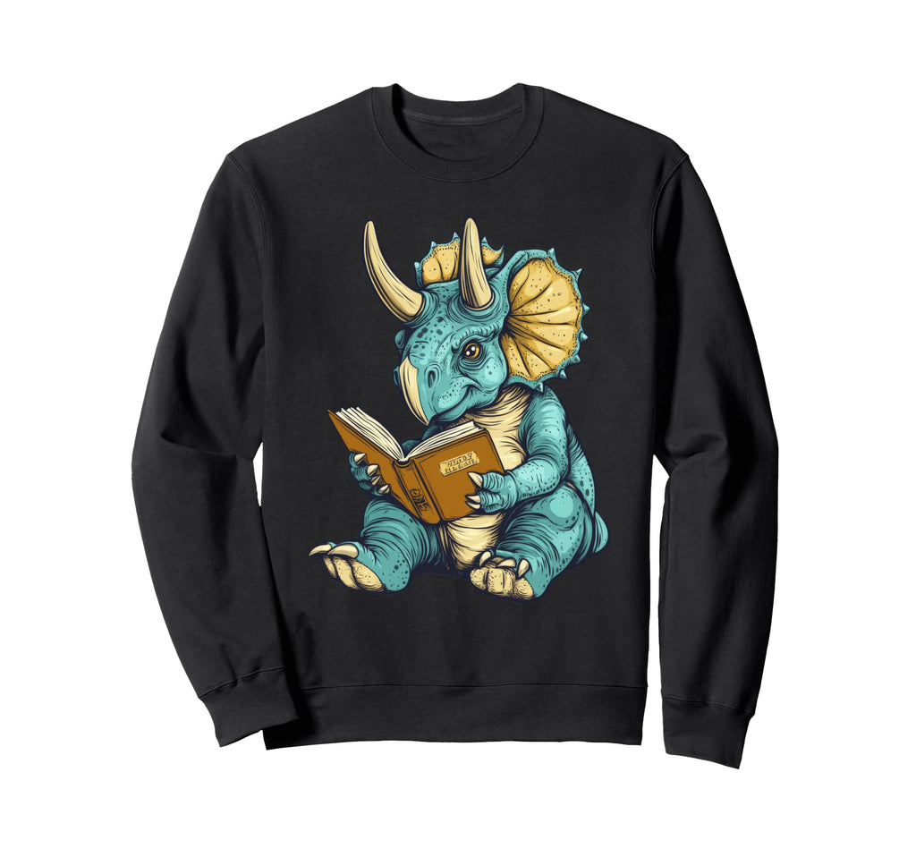 Triceratops Dinosaur Reading Book Sweatshirt - Unique Graphic Men Women - T-Shirt, Sweatshirt, Hoodie