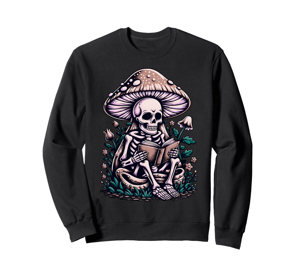 Floral Mushroom Skeleton Reading Book Sweatshirt - Graphic Print Unisex - T-Shirt, Sweatshirt, Hoodie