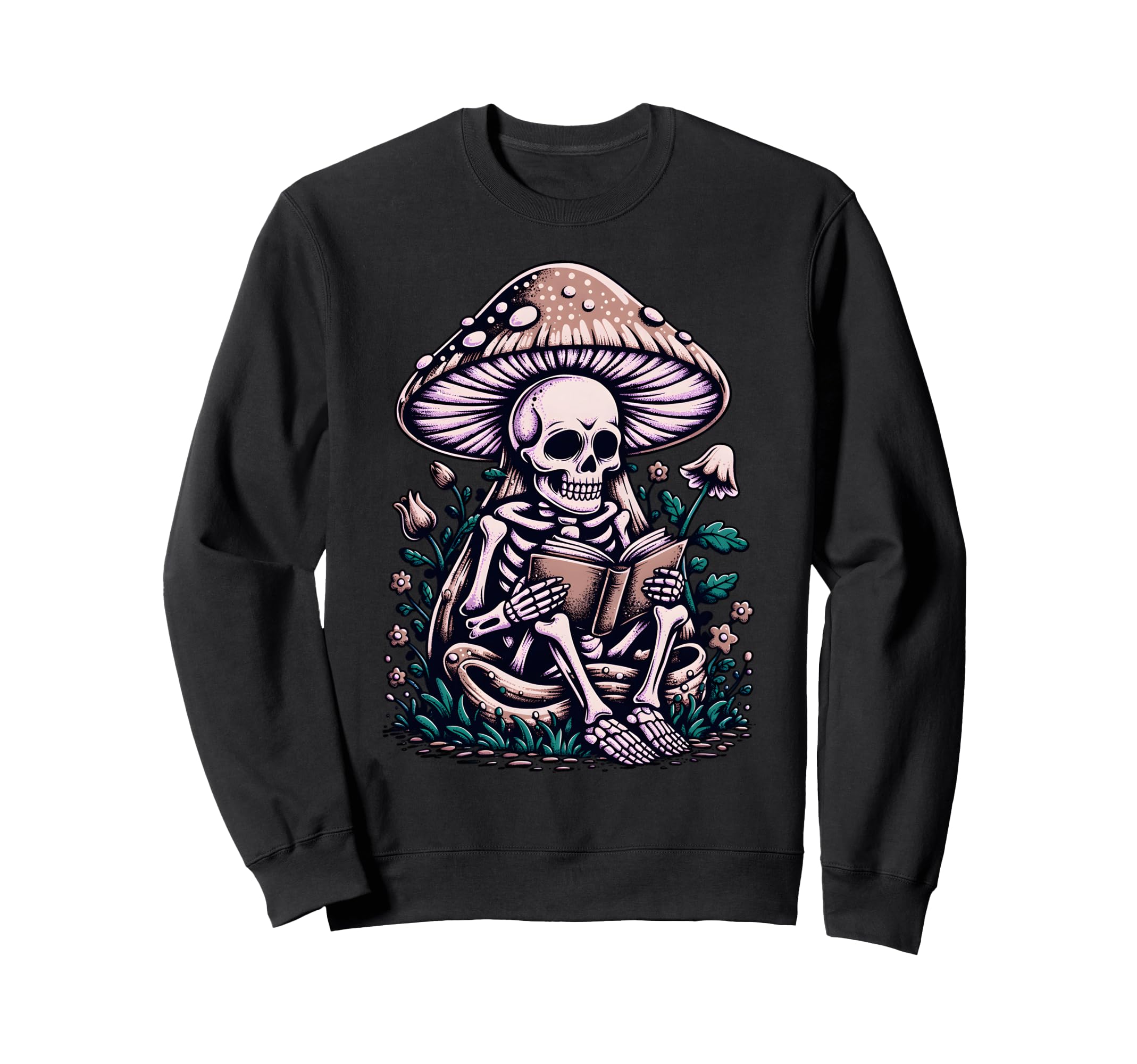 Floral Mushroom Skeleton Reading Book Sweatshirt - Graphic Print Unisex - T-Shirt, Sweatshirt, Hoodie