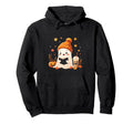 Ghost Reading Book Fall Leaves Halloween Hoodie - Unique Graphic Unisex - T-Shirt, Sweatshirt, Hoodie