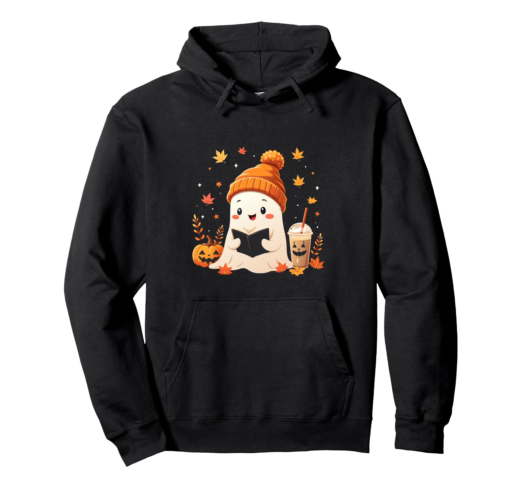 Ghost Reading Book Fall Leaves Halloween Hoodie - Unique Graphic Unisex - T-Shirt, Sweatshirt, Hoodie