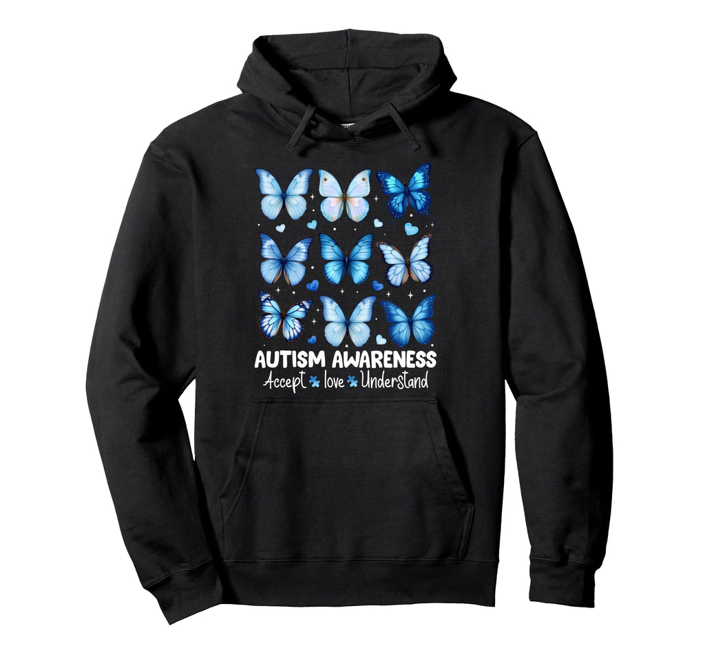 April We Wear Blue Butterfly Autism Hoodie - Fun Novelty Design Unisex - T-Shirt, Sweatshirt, Hoodie