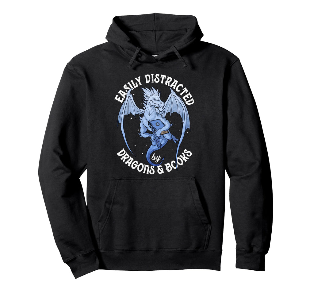 Reading Dragon Easily Distracted Books Hoodie - Trendy Graphic Men Women - T-Shirt, Sweatshirt, Hoodie