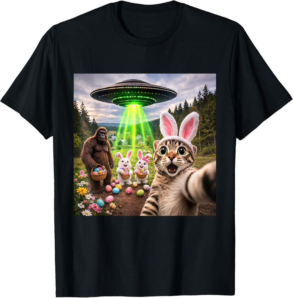 Cat Selfie Bigfoot Bunny UFO Easter Humor Unisex T-shirt, Sweatshirt, Hoodie, Long Sleeve Tee - T-Shirt, Sweatshirt, Hoodie