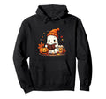 Ghost Reading Book Fall Leaves Halloween Hoodie - Unique Graphic Men Women - T-Shirt, Sweatshirt, Hoodie