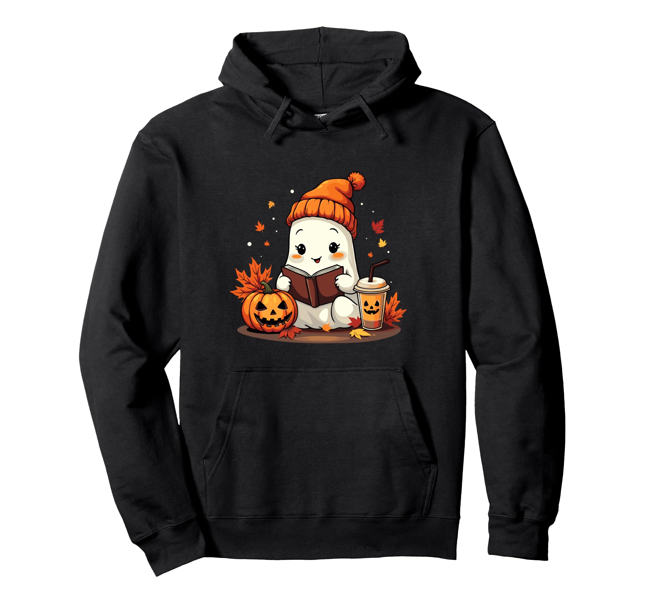 Ghost Reading Book Fall Leaves Halloween Hoodie - Unique Graphic Men Women - T-Shirt, Sweatshirt, Hoodie
