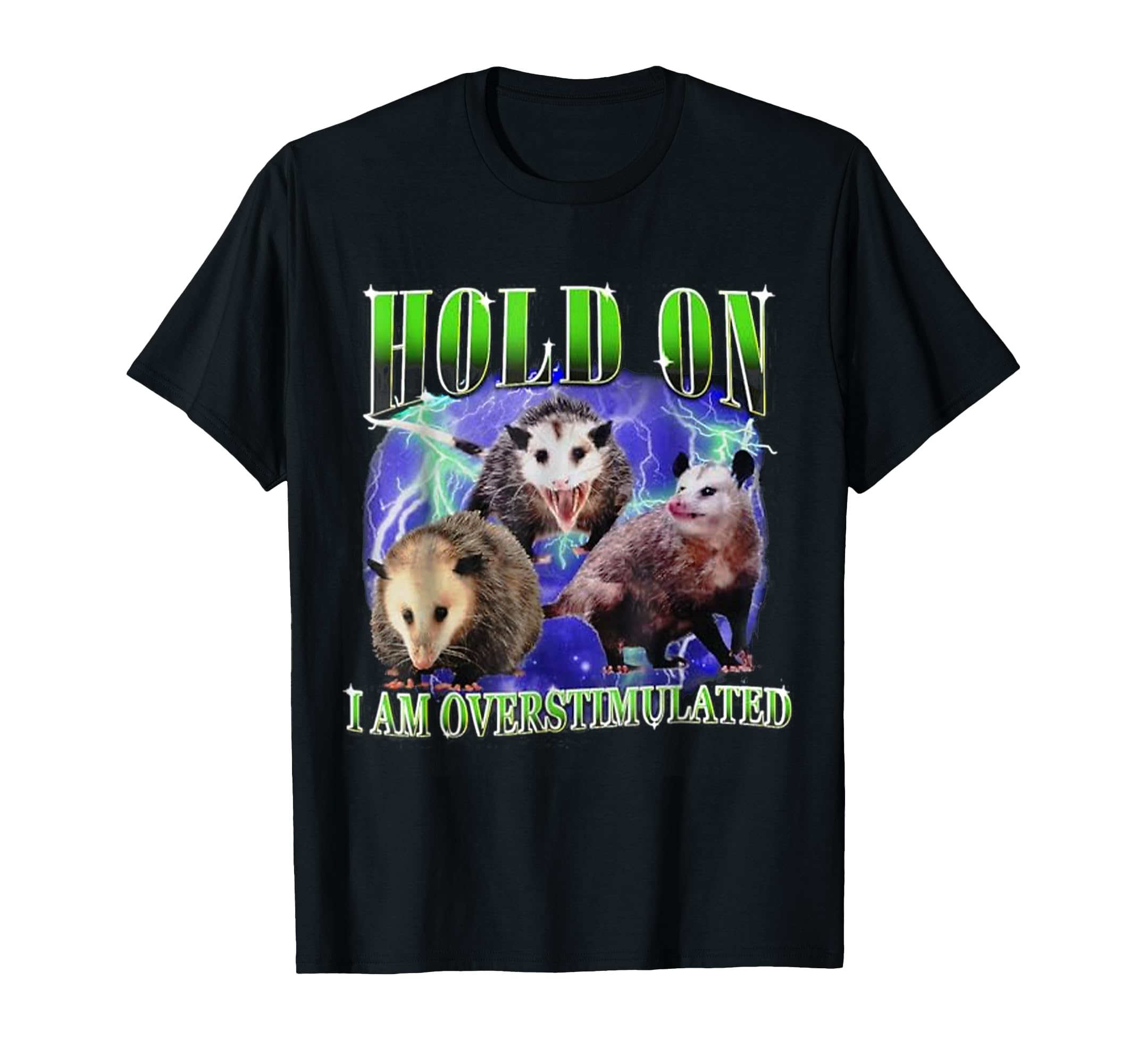 Hold Im Overstimulated Funny Raccoon T-Shirt - Casual Everyday Wear Unisex - T-Shirt, Sweatshirt, Hoodie