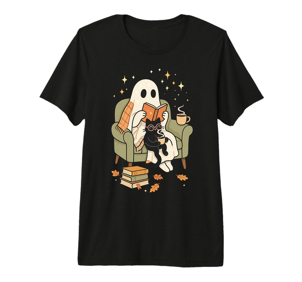 Ghost And Cat Cozy Reading Book T-Shirt - Aesthetic Graphic Men Women - T-Shirt, Sweatshirt, Hoodie