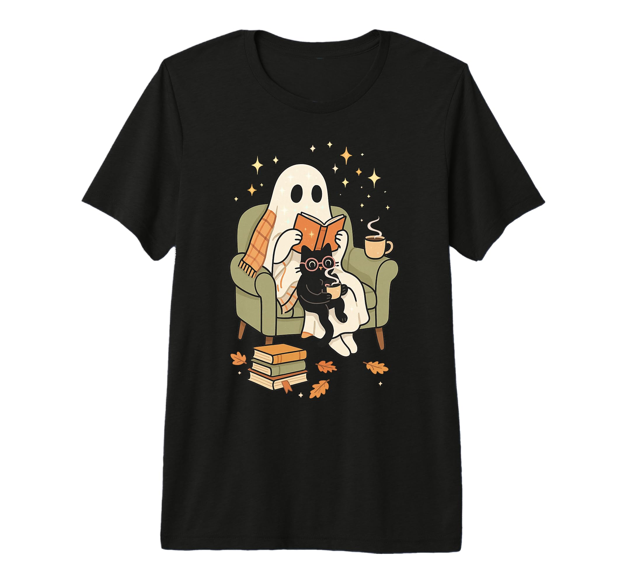 Ghost And Cat Cozy Reading Book T-Shirt - Aesthetic Graphic Men Women - T-Shirt, Sweatshirt, Hoodie