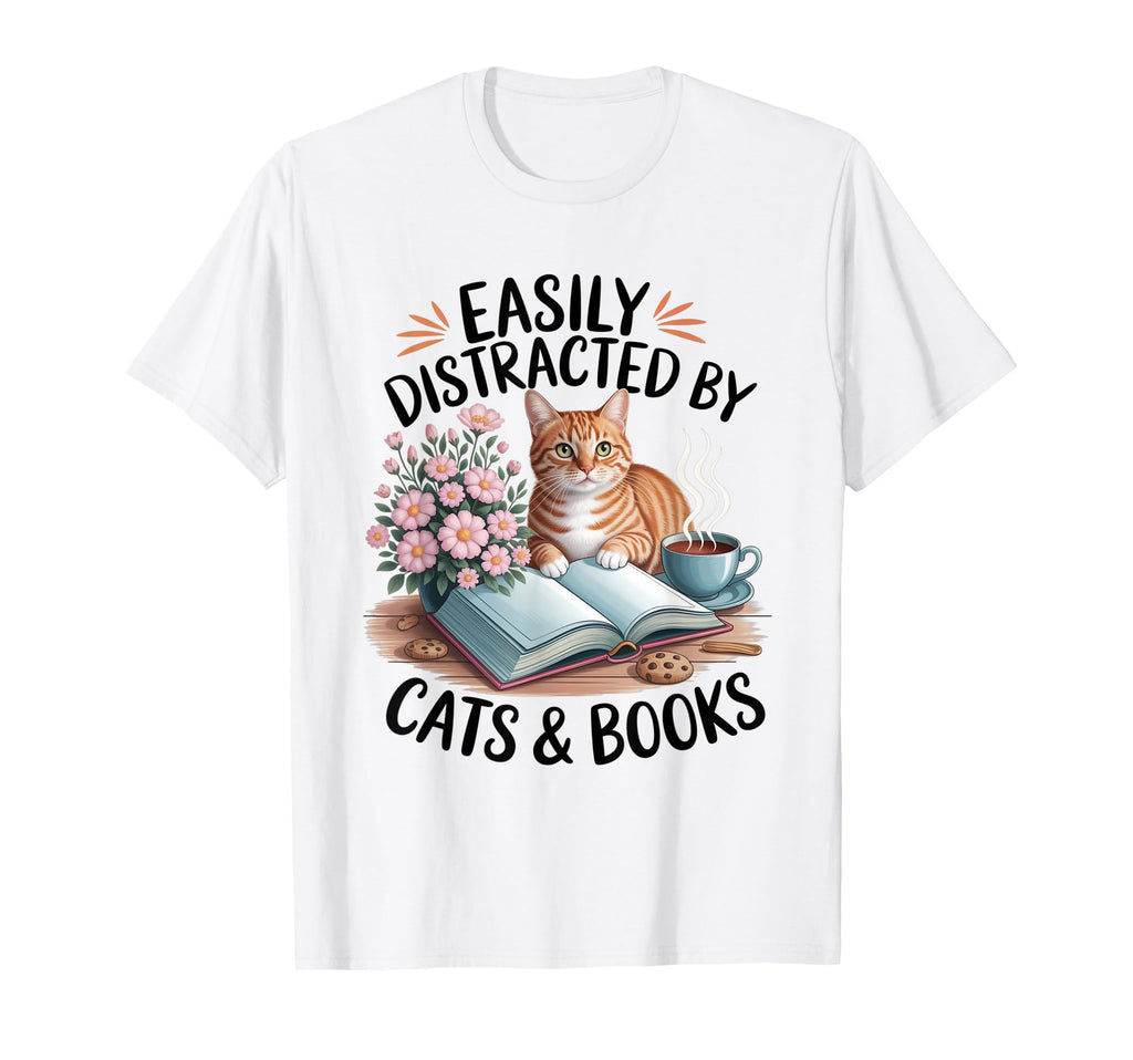 Easily Distracted Cats And Books T-Shirt - Custom Art Print Men Women - T-Shirt, Sweatshirt, Hoodie
