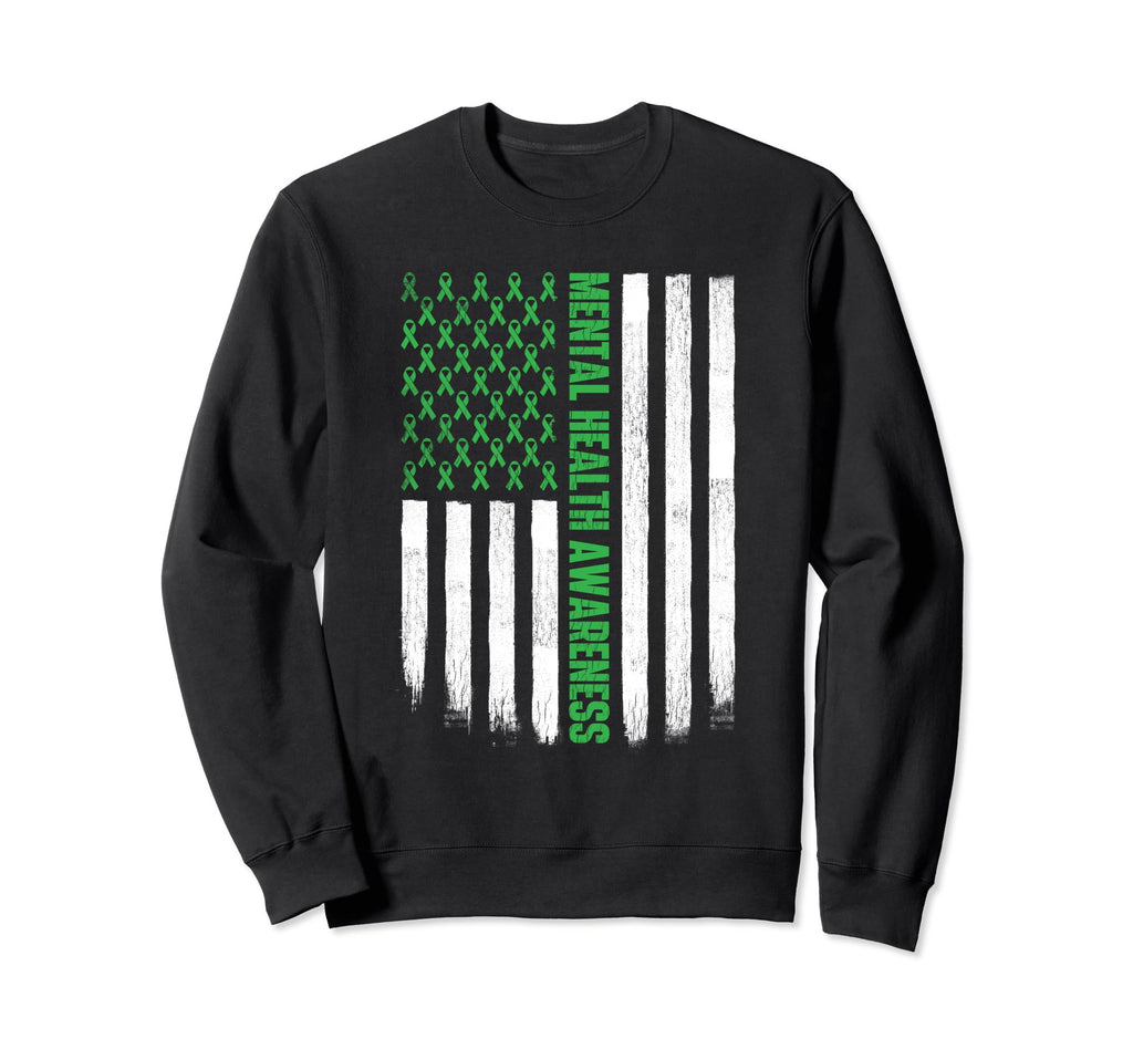 Us Flag Green Ribbon Mental Sweatshirt - Fun Novelty Design Men Women - T-Shirt, Sweatshirt, Hoodie