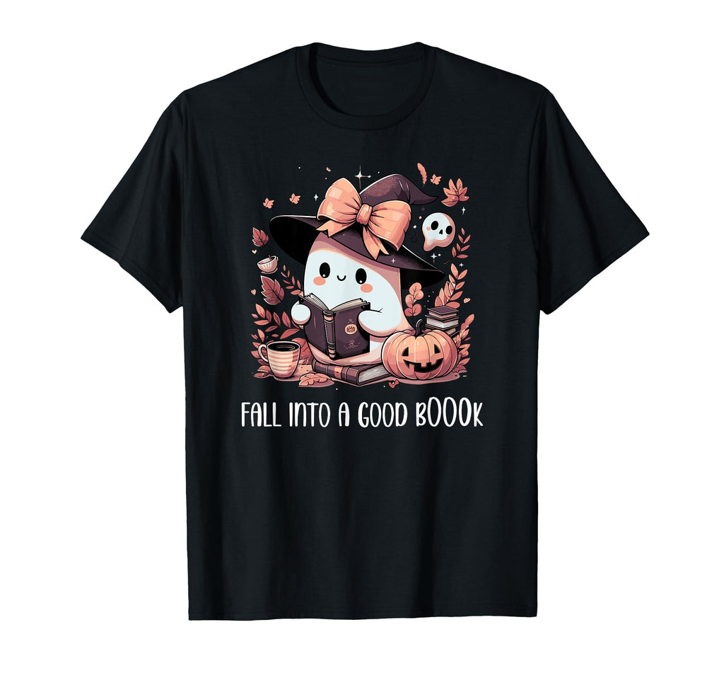 Fall Into Good Book Ghost Reading Lovers T-Shirt - Minimalist Print Unisex - T-Shirt, Sweatshirt, Hoodie