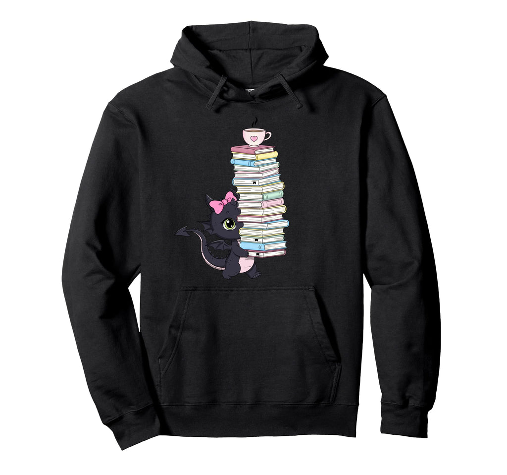 Dragon Books And Coffee Fantasy Hoodie - Minimalist Print for Adults - T-Shirt, Sweatshirt, Hoodie