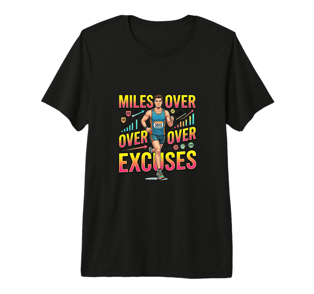 Mens Miles Over Excuses Running T-Shirt - Aesthetic Graphic for Adults - T-Shirt, Sweatshirt, Hoodie