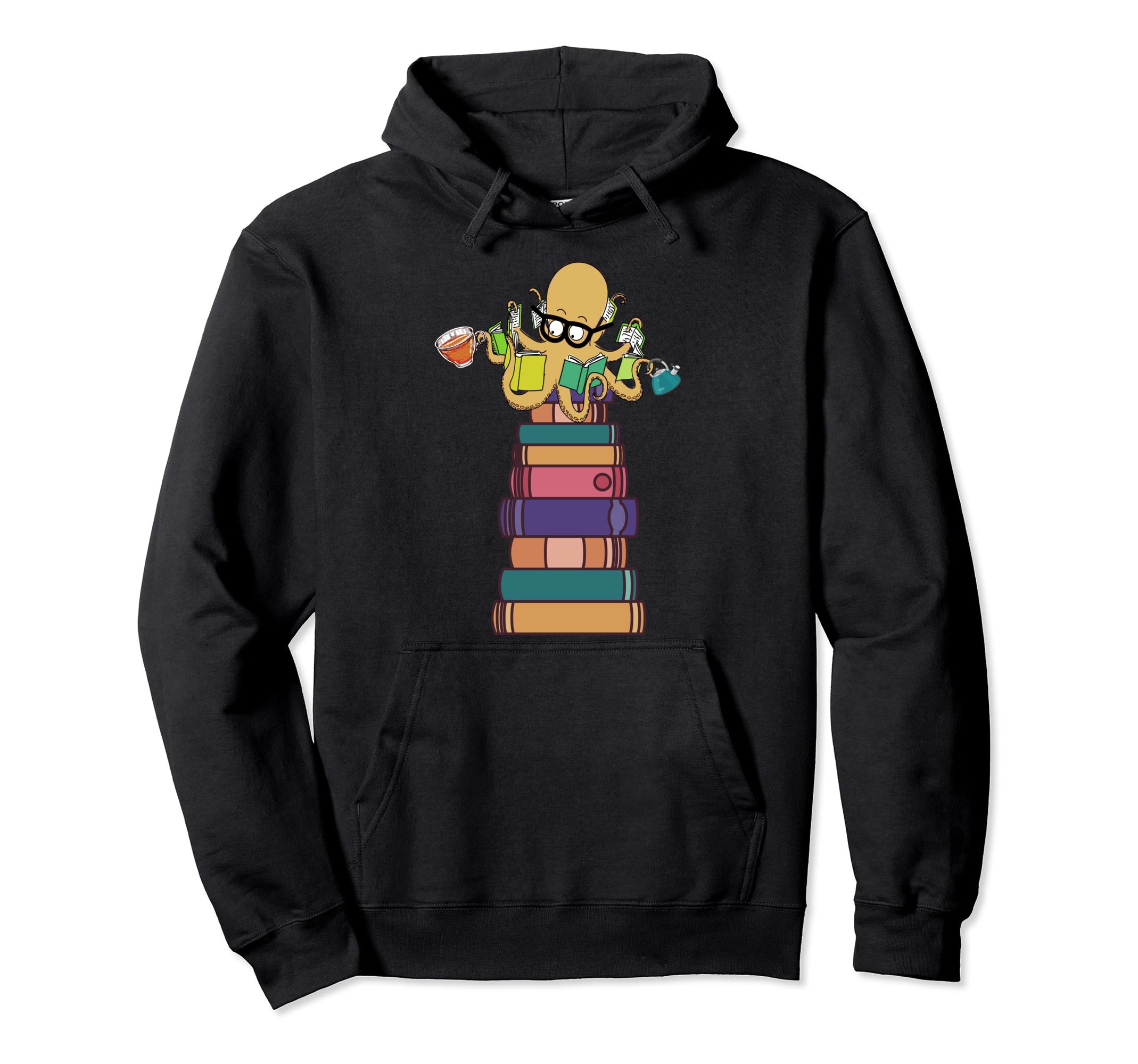 Mens Octopus Reading Books Drinking Hoodie - Custom Art Print Men Women - T-Shirt, Sweatshirt, Hoodie