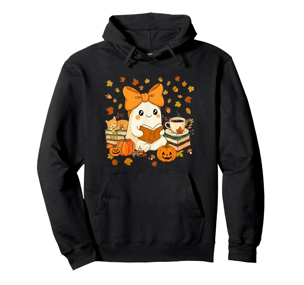 Ghost Reading Book Coffee And Pumpkins Hoodie - Graphic Print for Adults - T-Shirt, Sweatshirt, Hoodie