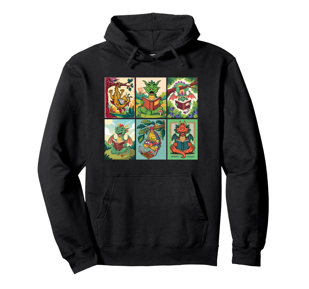 Reading Dragon Fantasy Book Lover Artwork Hoodie - Graphic Print for Adults - T-Shirt, Sweatshirt, Hoodie