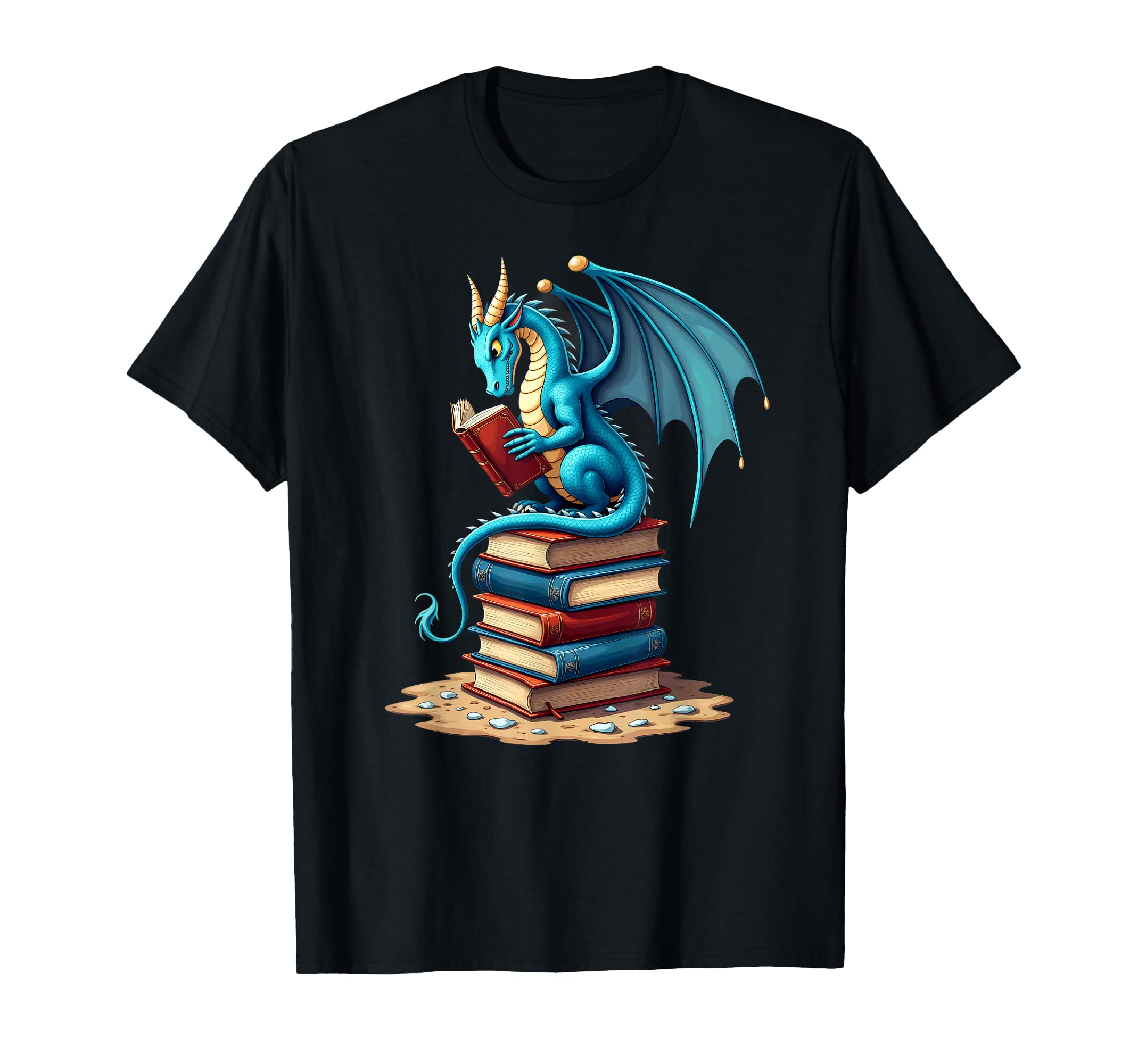 Fantasy Dragon Reading Books Library T-Shirt - Minimalist Print Unisex - T-Shirt, Sweatshirt, Hoodie