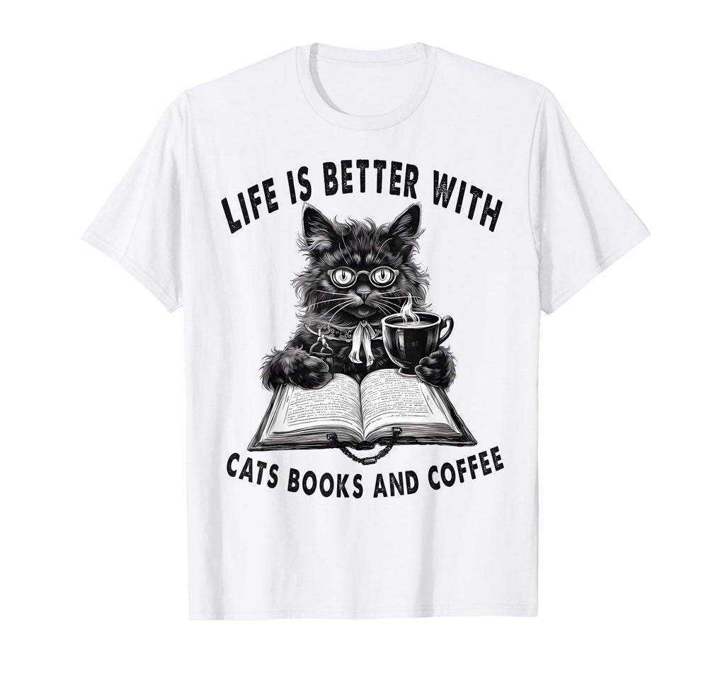 Life Is Better Cats Books And Coffee Black T-Shirt - Graphic Print Unisex - T-Shirt, Sweatshirt, Hoodie