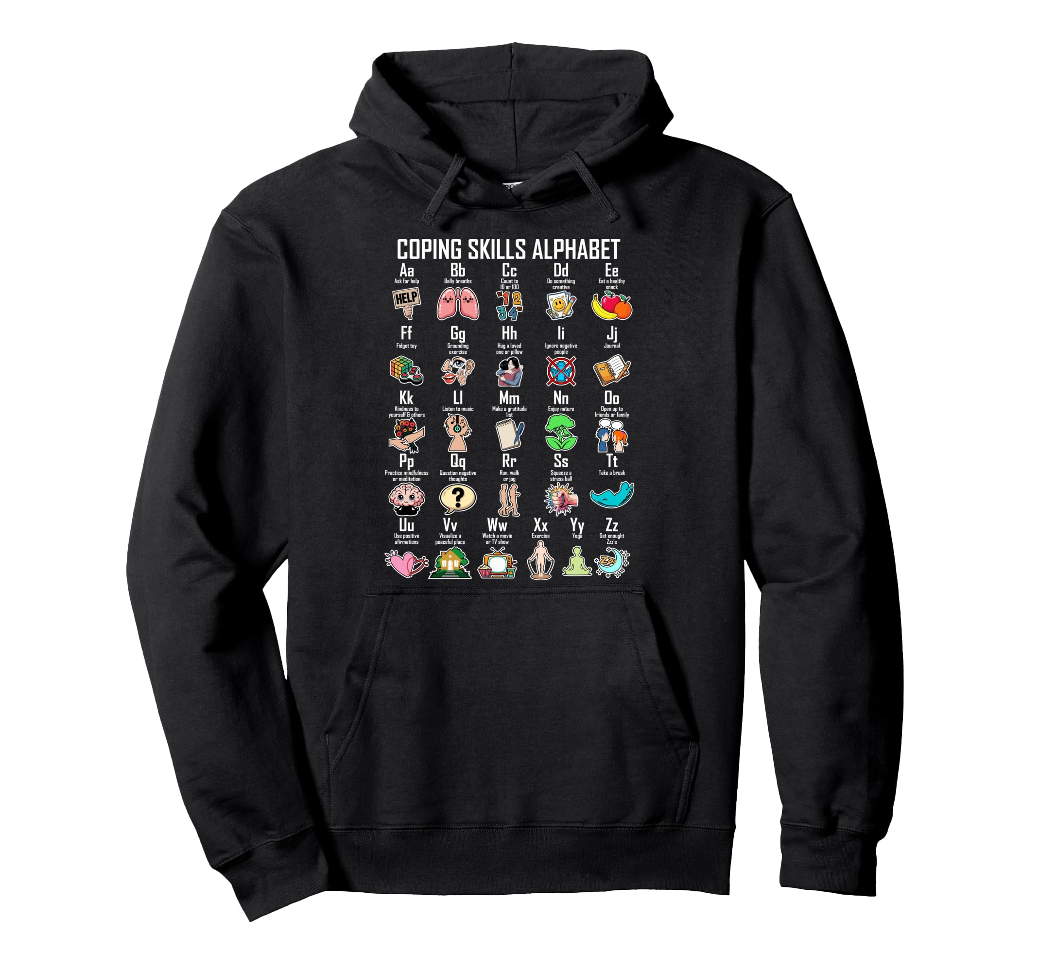 Coping Skills Alphabet Counseling Hoodie - Novelty Apparel for Adults - T-Shirt, Sweatshirt, Hoodie