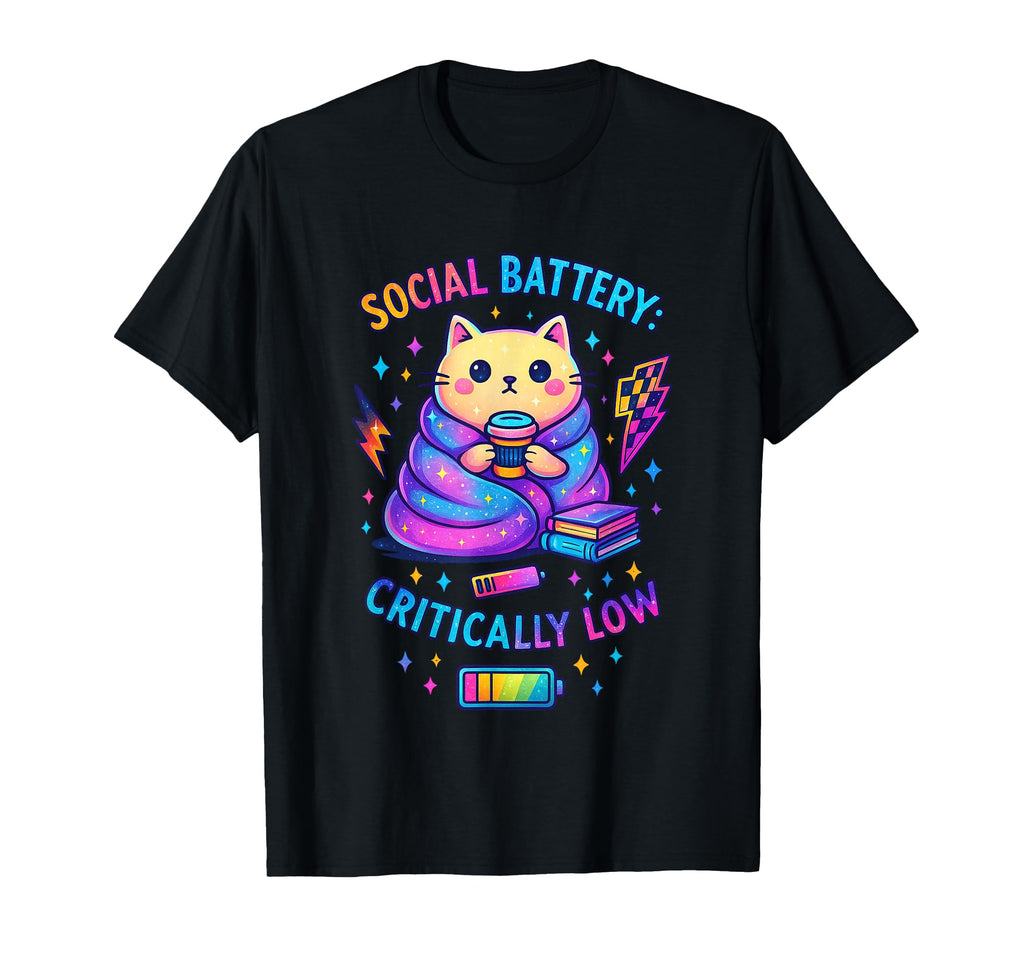 Social Battery Critically Low Cat Art T-Shirt - Custom Art Print for Adults - T-Shirt, Sweatshirt, Hoodie
