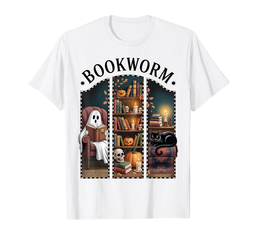 Ghost Reading Books Librarian Cat T-Shirt - Fun Novelty Design Unisex - T-Shirt, Sweatshirt, Hoodie
