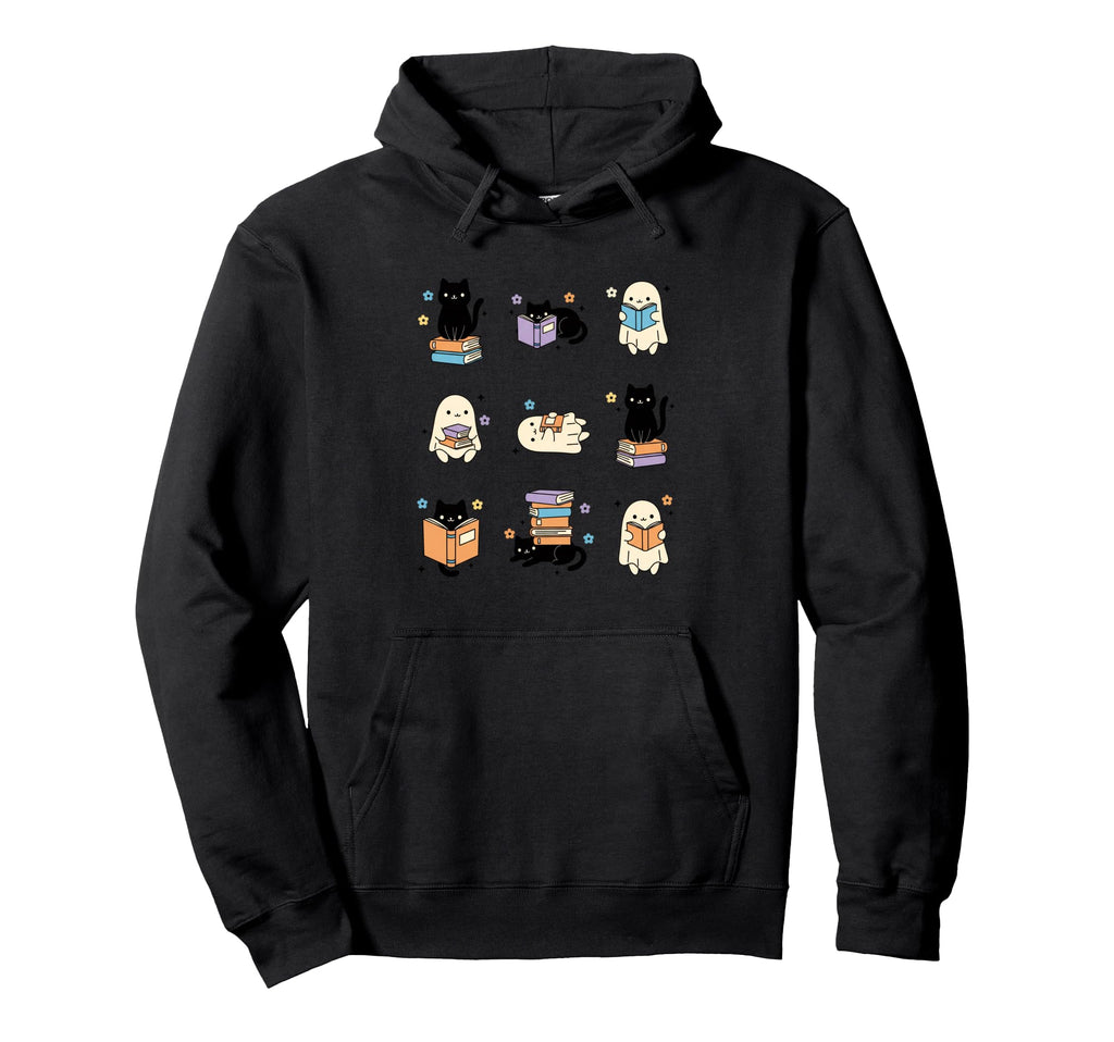 Halloween Reading Cats Ghosts Book Hoodie - Custom Art Print Men Women - T-Shirt, Sweatshirt, Hoodie
