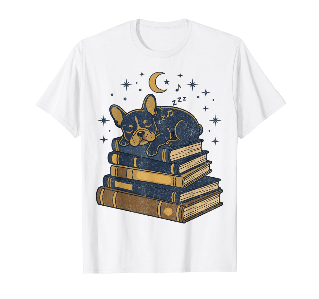 Sleeping French Bulldog Books Dark T-Shirt - Novelty Apparel Men Women - T-Shirt, Sweatshirt, Hoodie