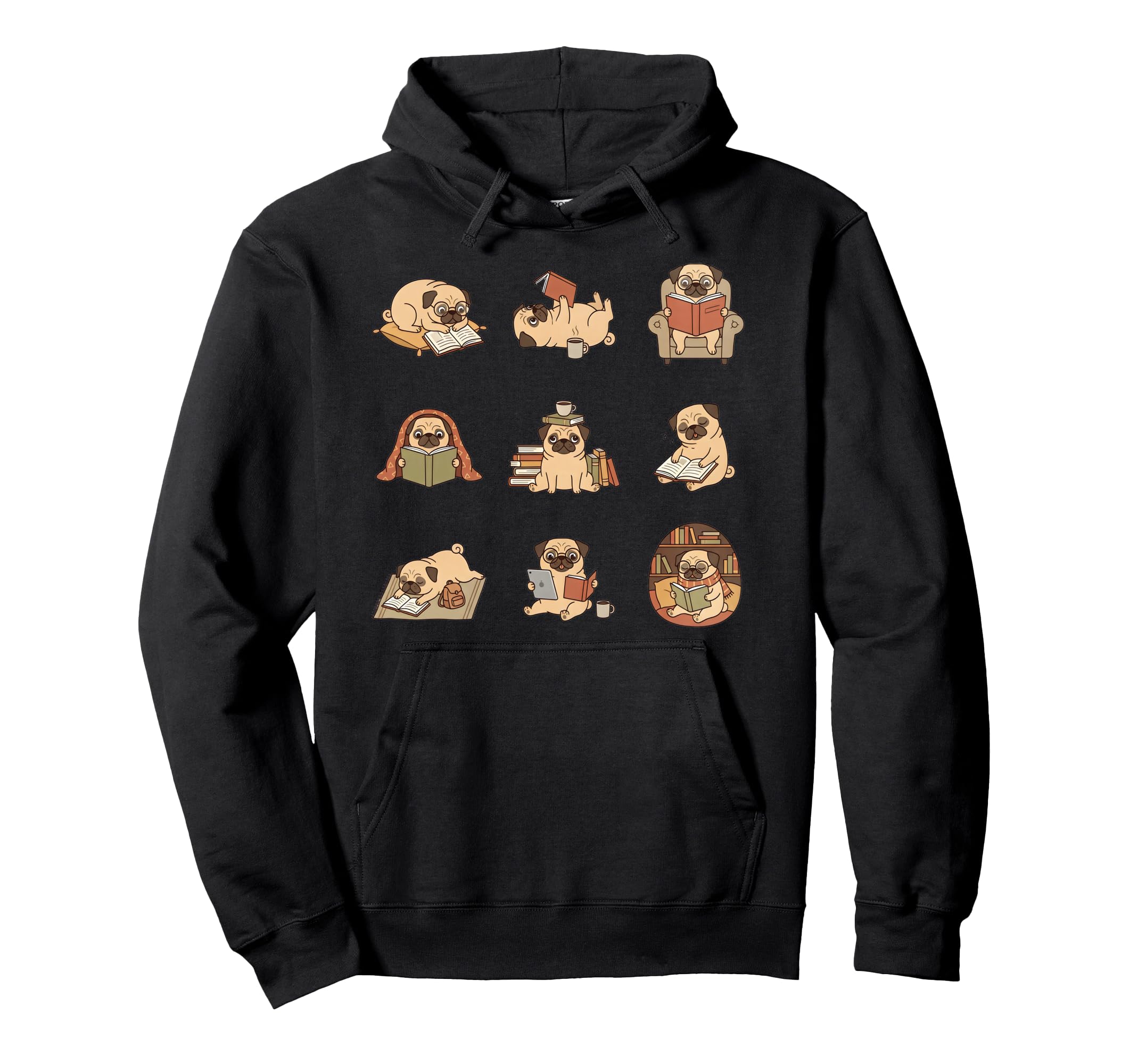 Reading Pugs Book Lover Library Coffee Hoodie - Graphic Print Men Women - T-Shirt, Sweatshirt, Hoodie