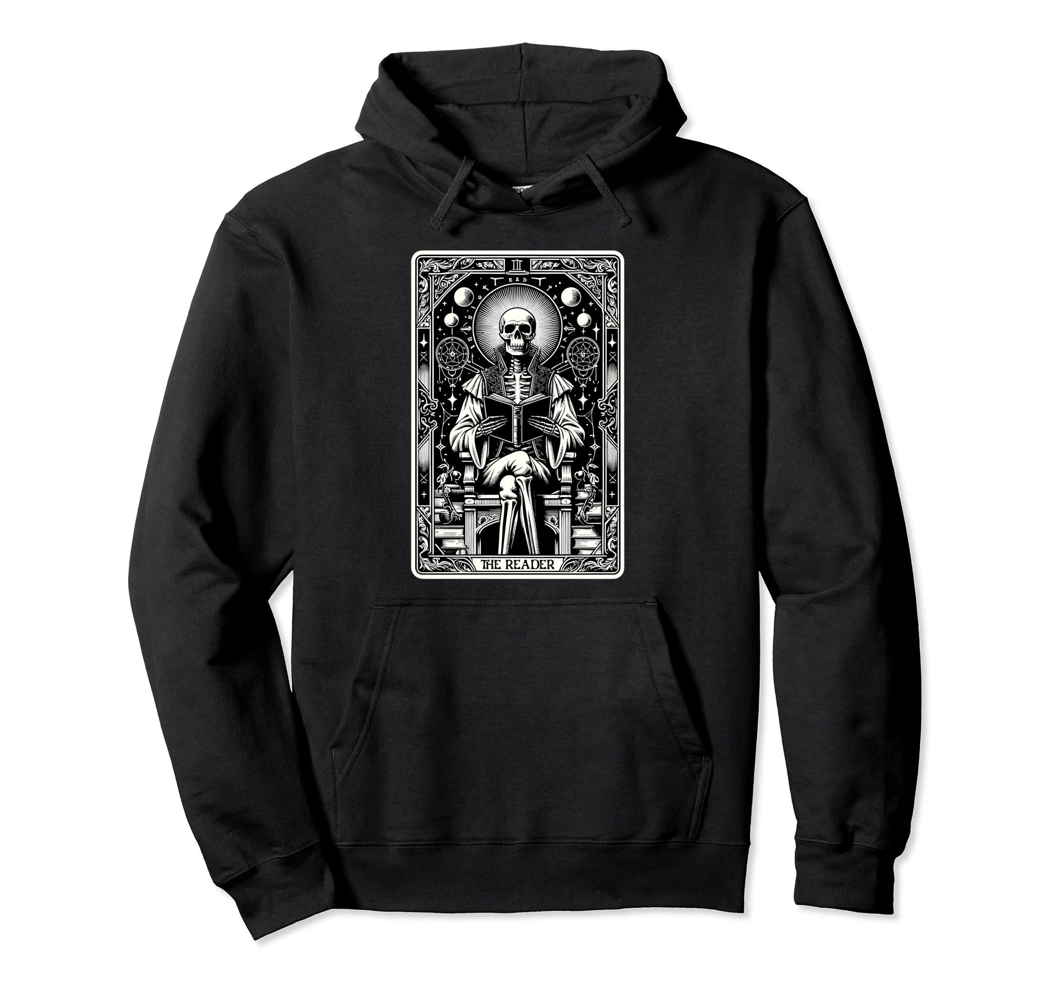 Reader Tarot Card Skeleton Reading Book Hoodie - Unique Graphic for Adults - T-Shirt, Sweatshirt, Hoodie