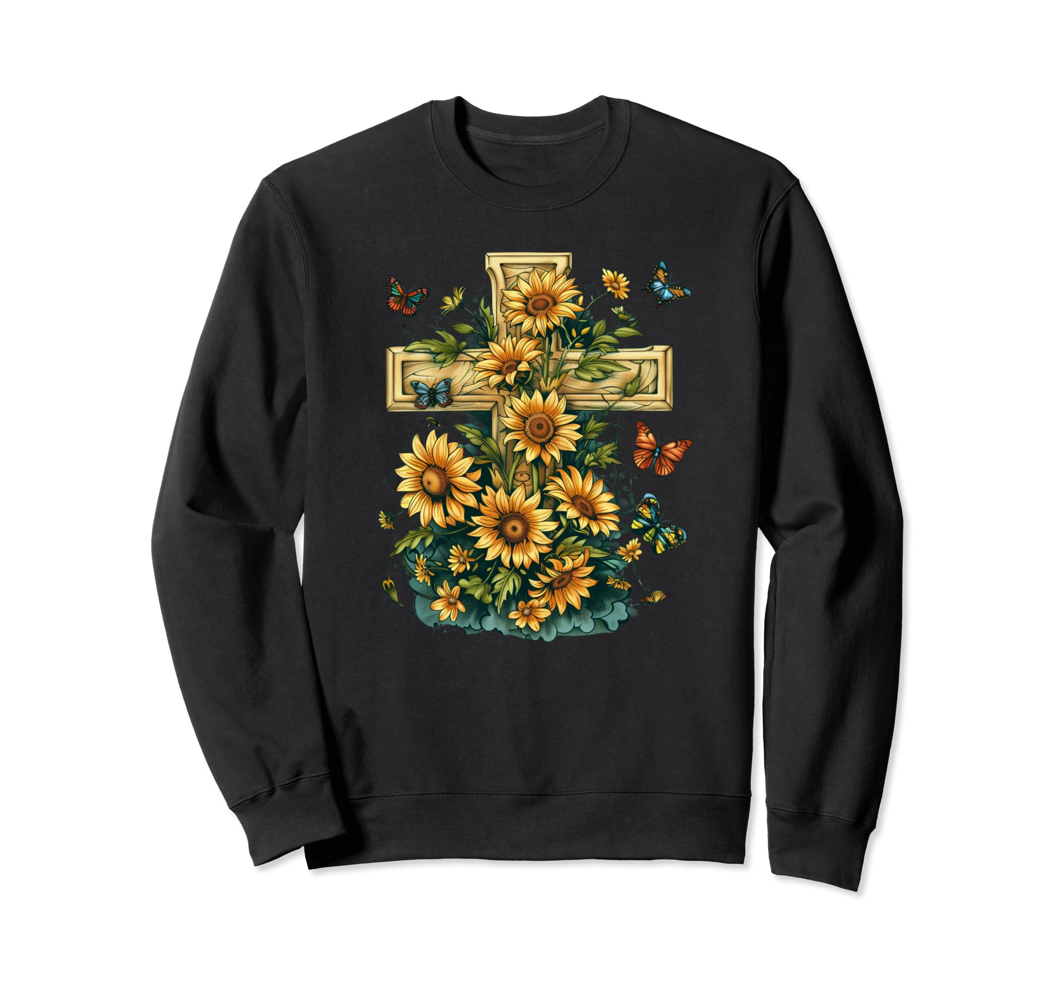 Cross Sunflowers Butterflies Sweatshirt - Aesthetic Graphic Men Women - T-Shirt, Sweatshirt, Hoodie