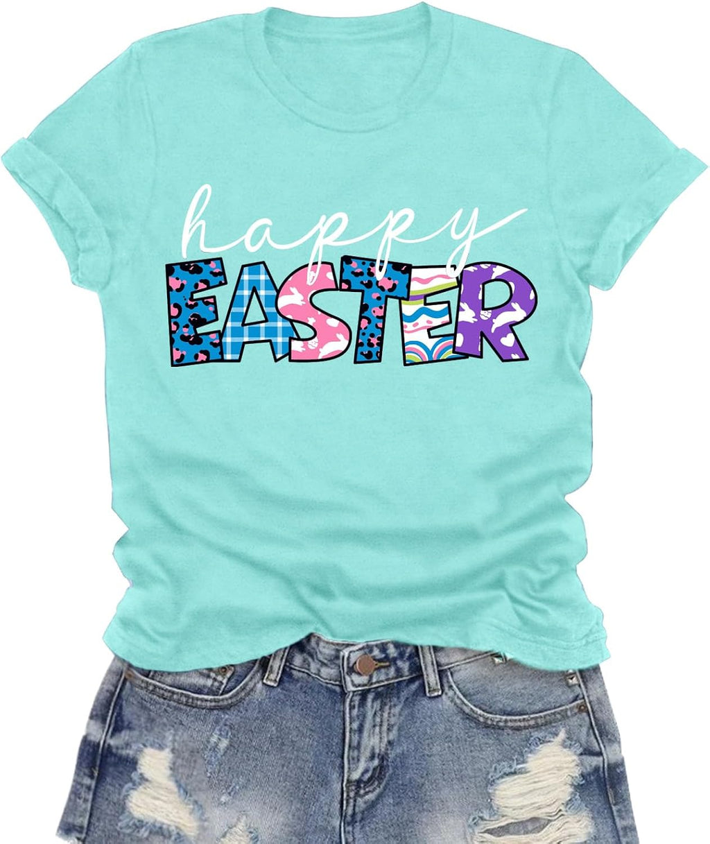 Easter Shirts for Women Happy Easter Day T-Shirt Leopard Plaid Letter Print Tee Tops Unisex T-shirt, Sweatshirt, Hoodie, Long Sleeve Tee - T-Shirt, Sweatshirt, Hoodie