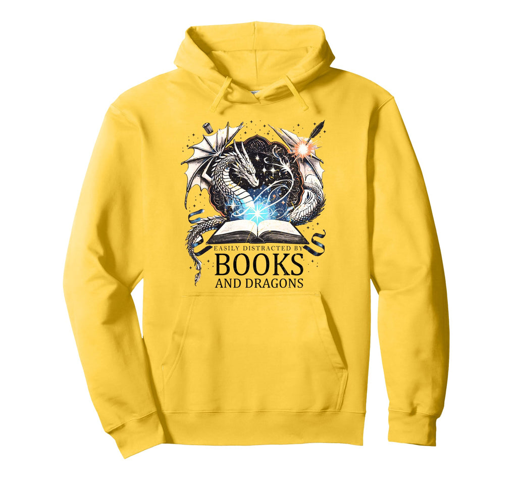 Easily Distracted Dragon And Books Bookworms Hoodie - Graphic Print Unisex - T-Shirt, Sweatshirt, Hoodie