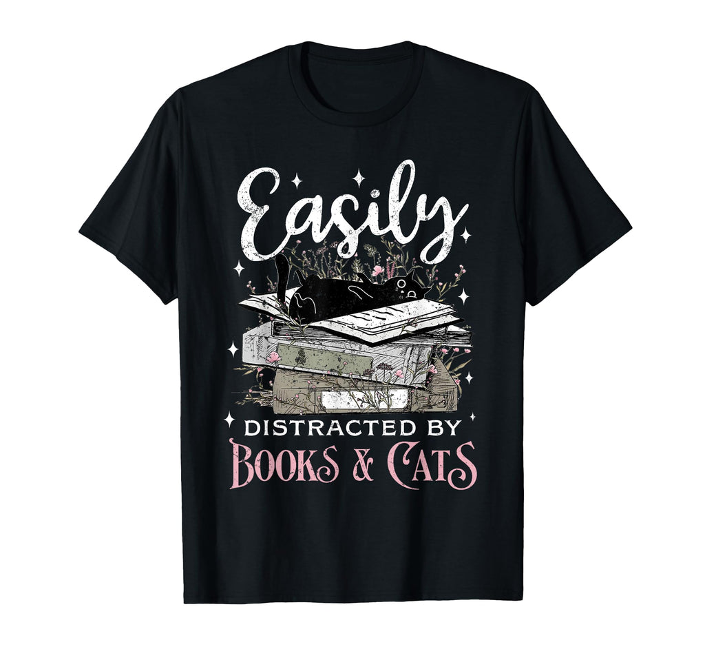 Easily Distracted Cats And Books T-Shirt - Unique Graphic for Adults - T-Shirt, Sweatshirt, Hoodie